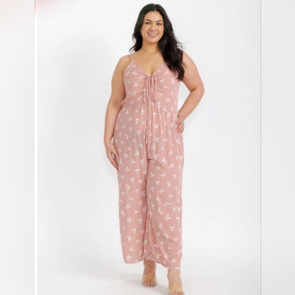 Z109 NWT Zenobia Floral Jumpsuit with Rushed Neckline Pockets Wide Leg Mauve - Picture 2 of 6
